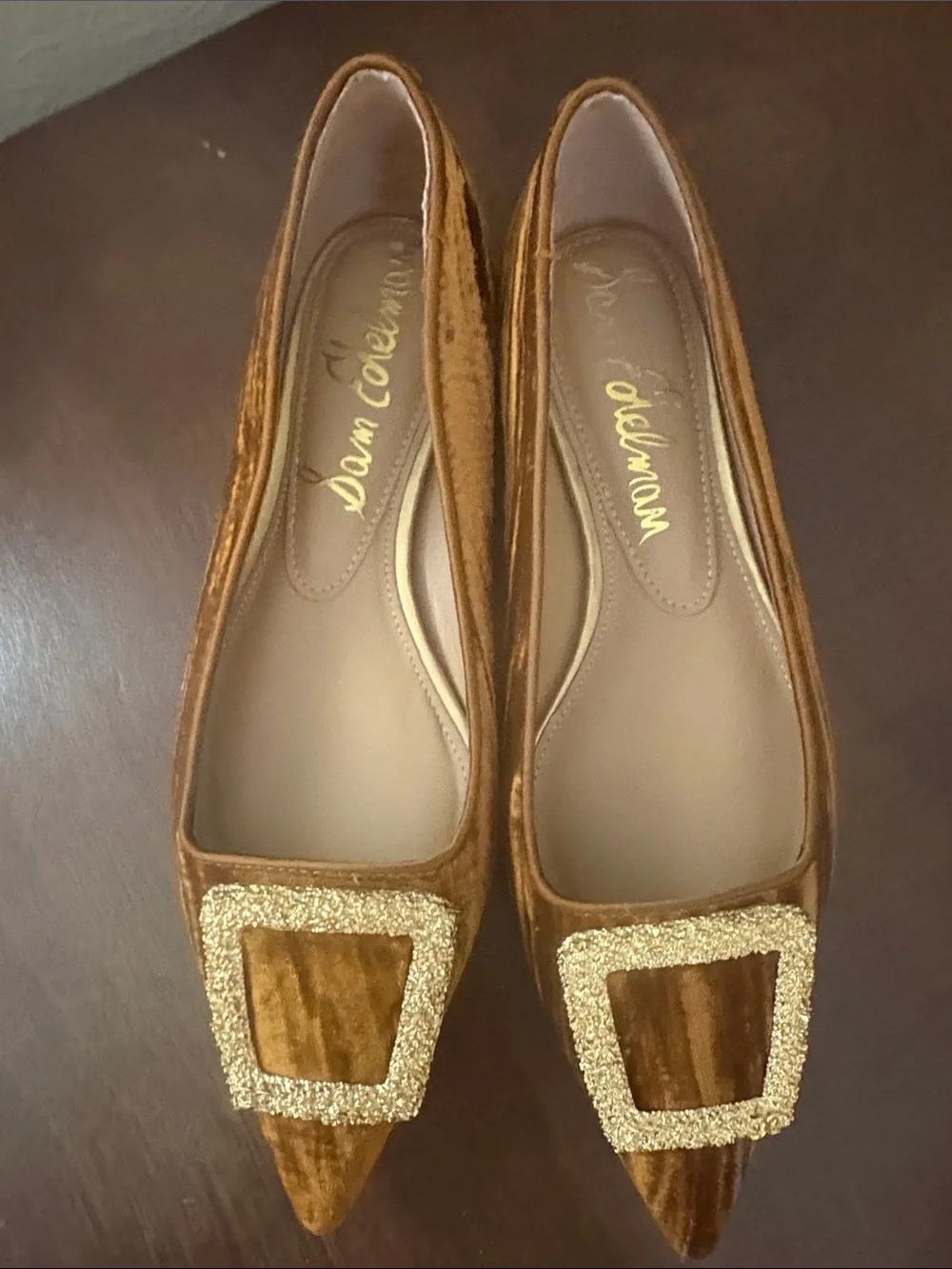 Sam Edelman Brown Velvet Pointed Flats with Gold Buckle size 8 NWOT